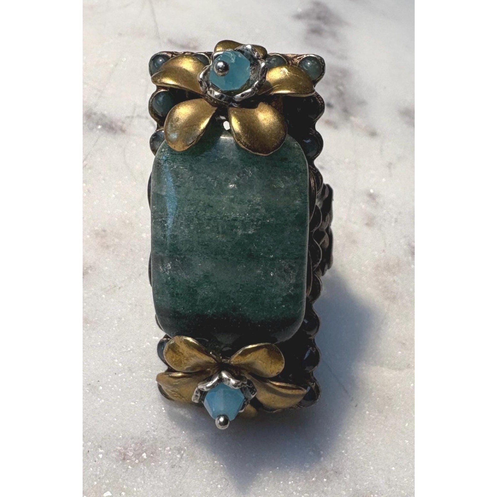 Vintage Vtg Ollipop Fashion Ring Adjustable Made From Brass With A Large Green S
